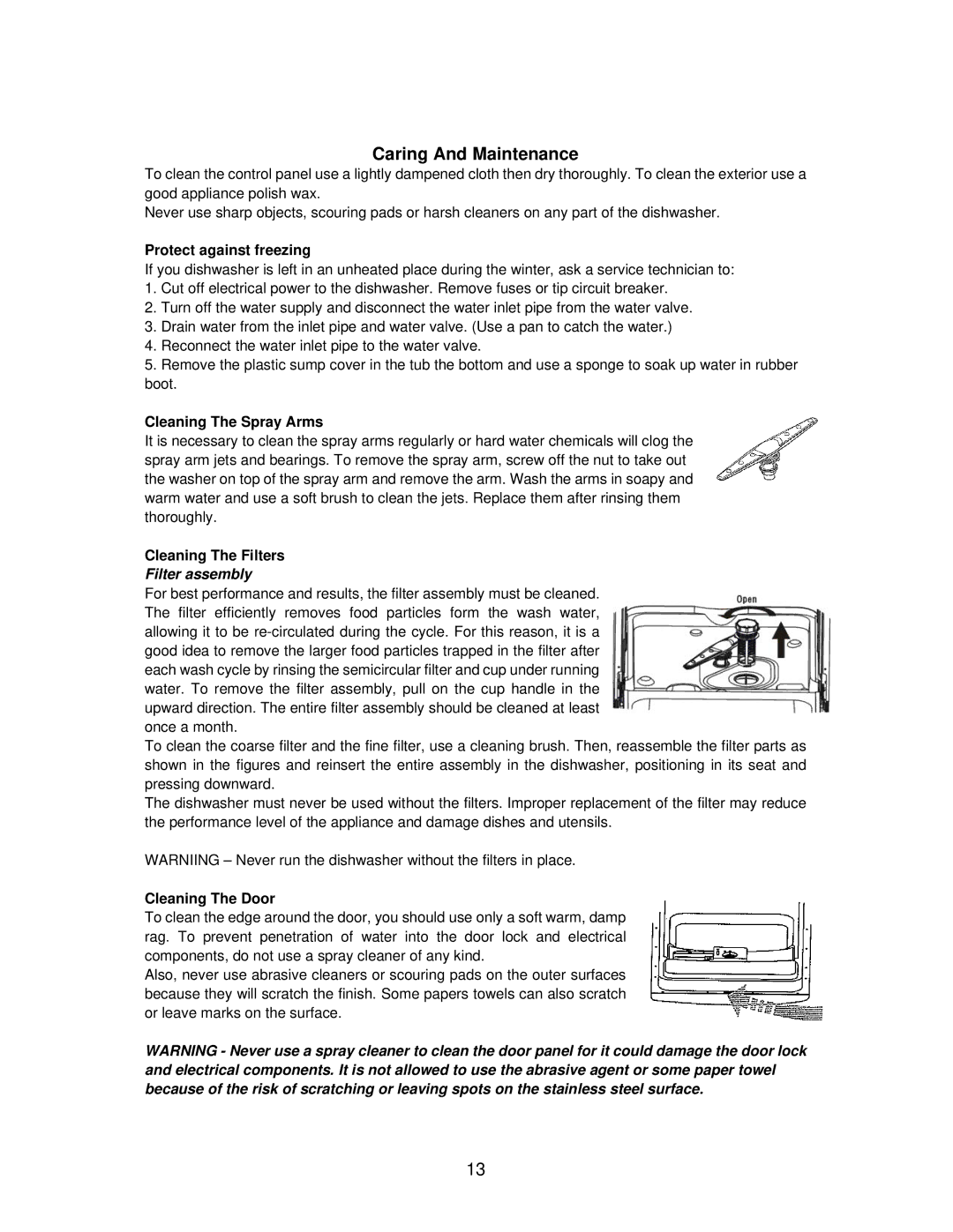 Avanti DWE1814SS Protect against freezing, Cleaning The Spray Arms, Cleaning The Filters, Cleaning The Door 