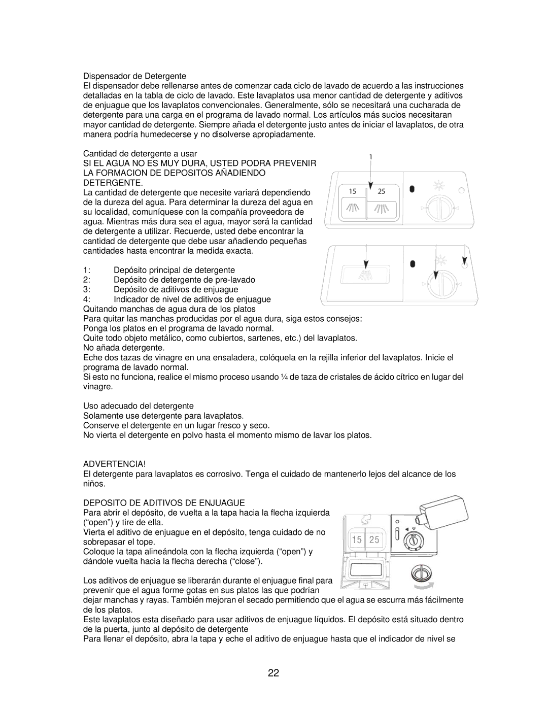 Avanti DWE1814SS instruction manual Dispensador de Detergente, Deposito DE Aditivos DE Enjuague 