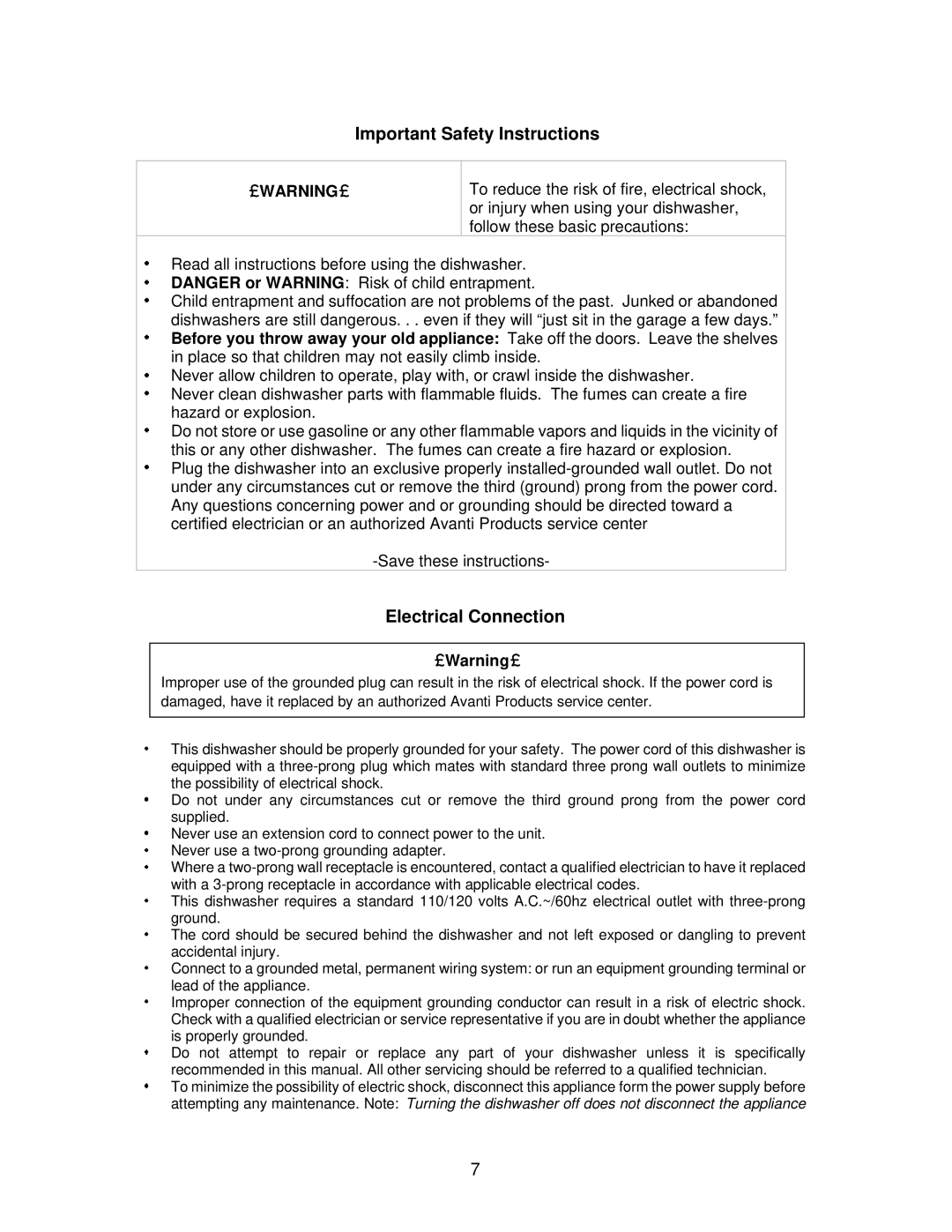 Avanti DWE1814SS instruction manual Important Safety Instructions 