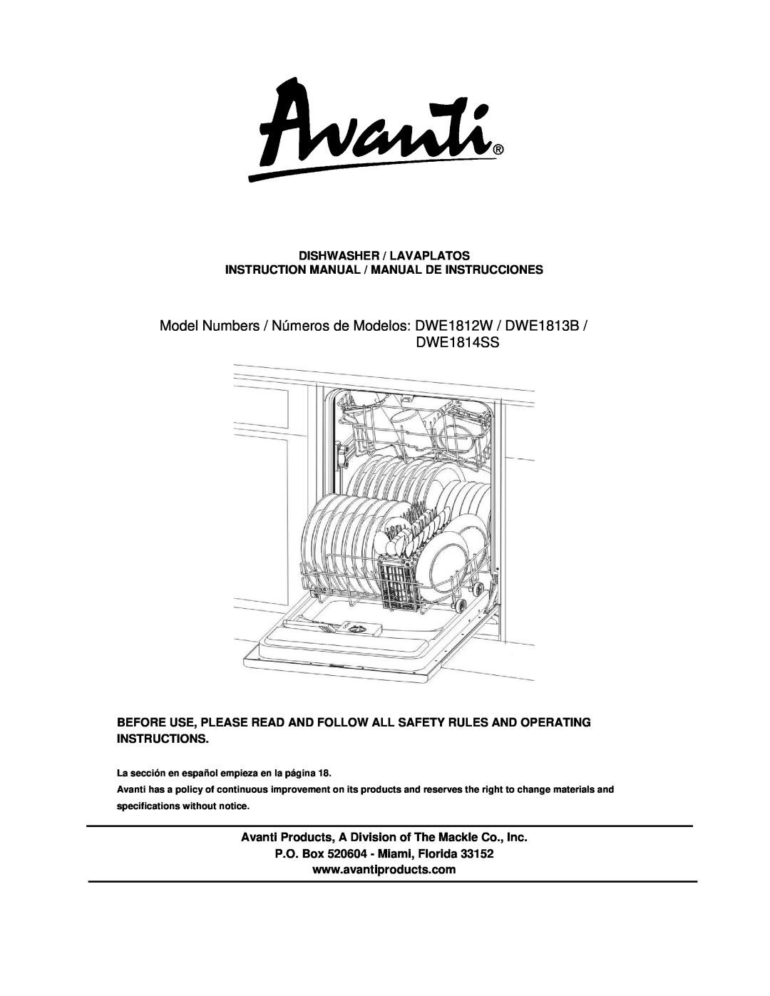 Avanti DWE1814SS instruction manual Dishwasher / Lavaplatos, Instruction Manual / Manual De Instrucciones 