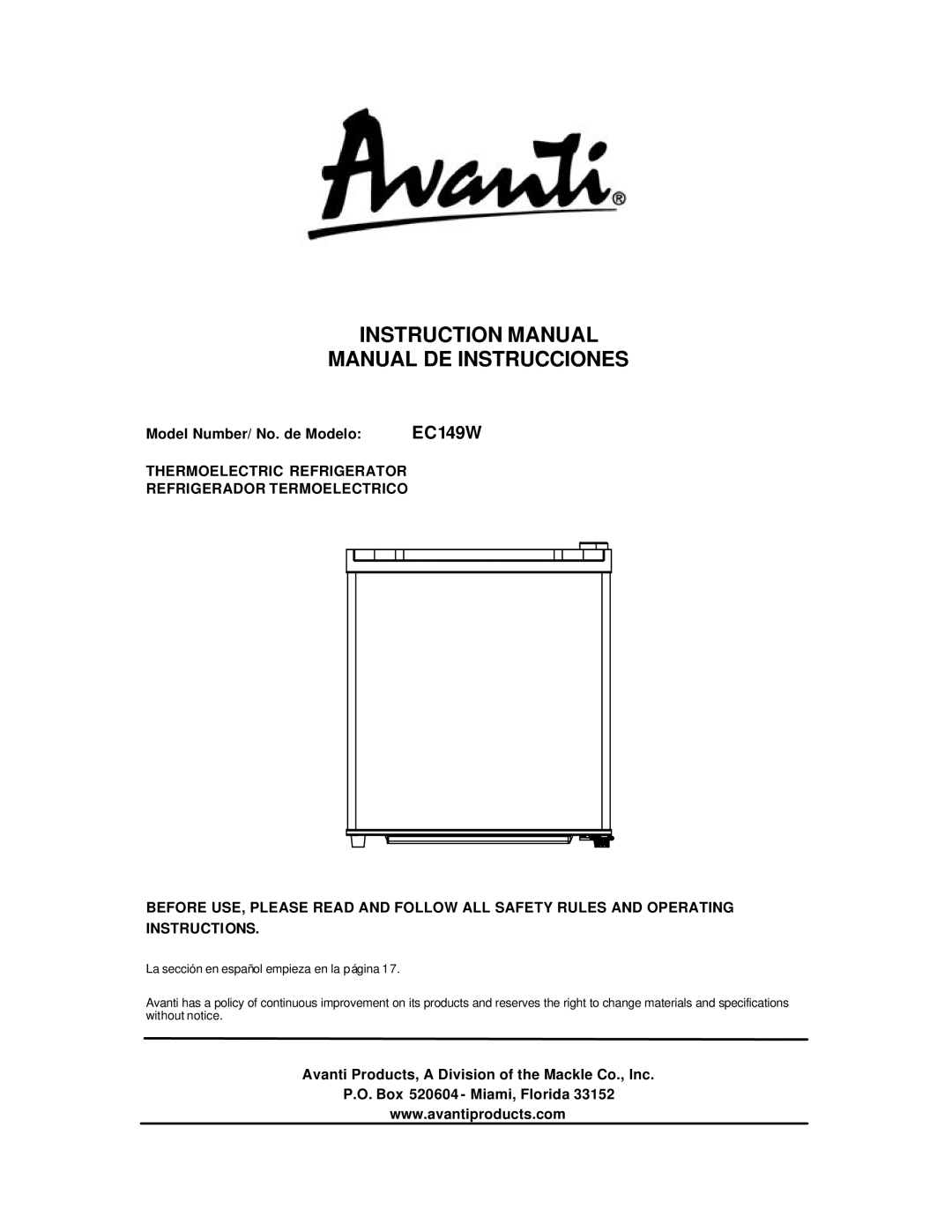 Avanti EC149W instruction manual Manual DE Instrucciones 