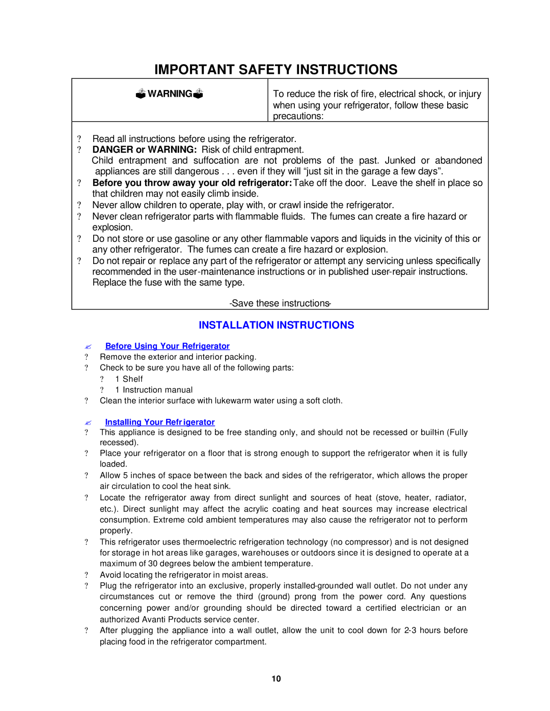 Avanti EC149W Installation Instructions, ? Before Using Your Refrigerator, ? Installing Your Refr igerator 