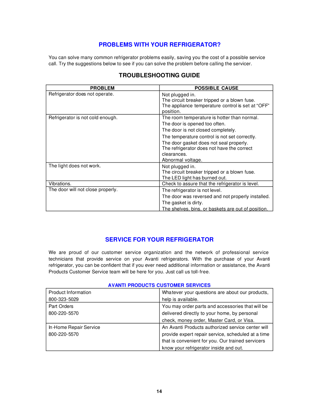 Avanti EC149W instruction manual Problems with Your REFRIGERATOR?, Troubleshooting Guide, Service for Your Refrigerator 