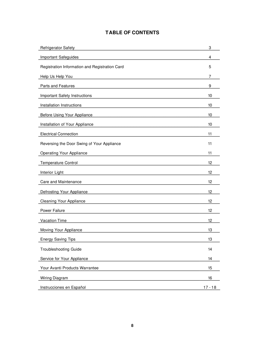 Avanti EC149W instruction manual Table of Contents 