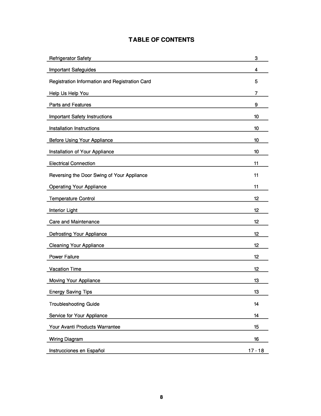 Avanti EC149W instruction manual Table Of Contents 