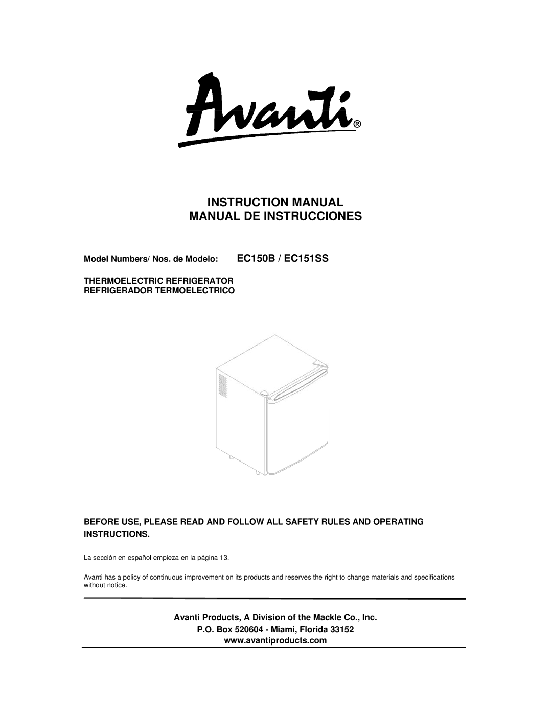 Avanti EC151SS, EC150B instruction manual Manual DE Instrucciones 