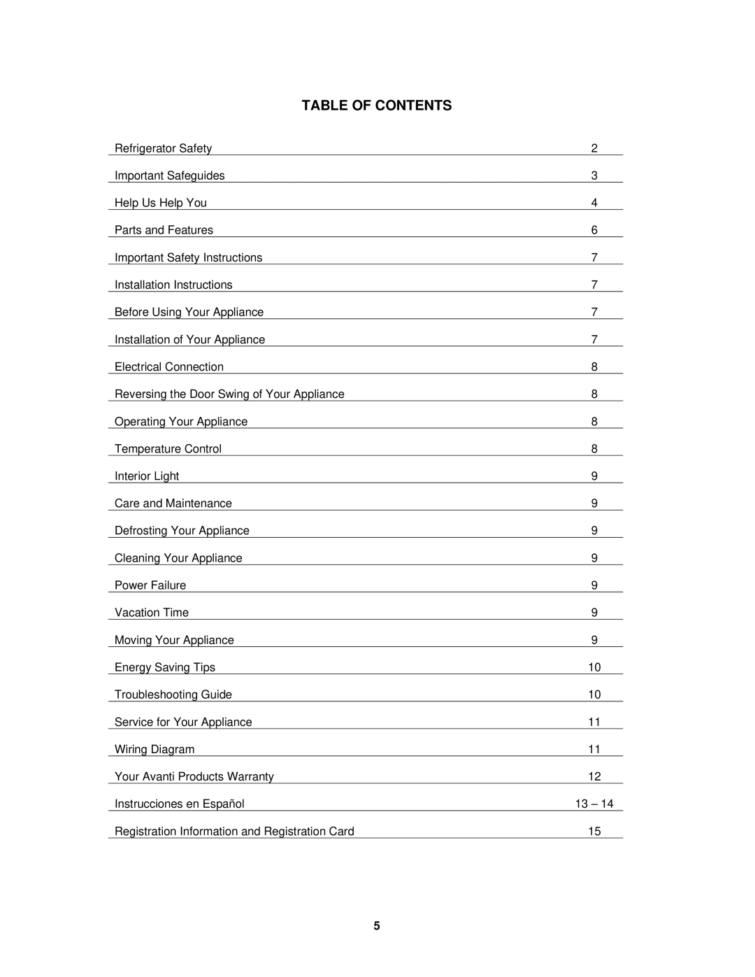 Avanti EC151SS, EC150B instruction manual Table of Contents 