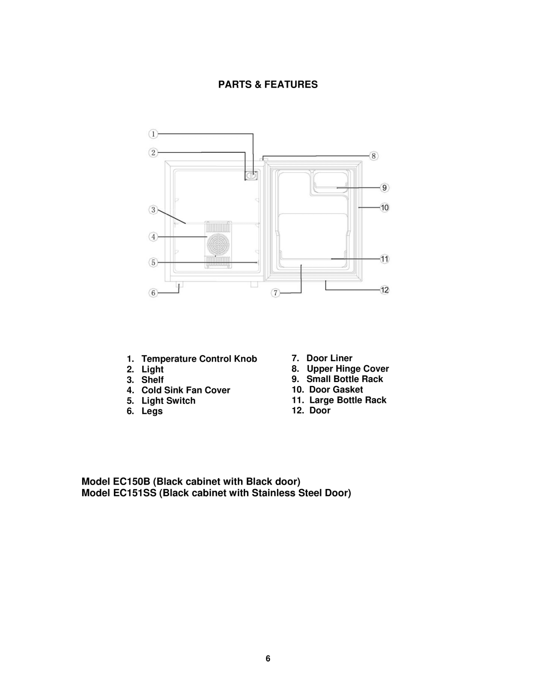 Avanti EC150B, EC151SS instruction manual Parts & Features 