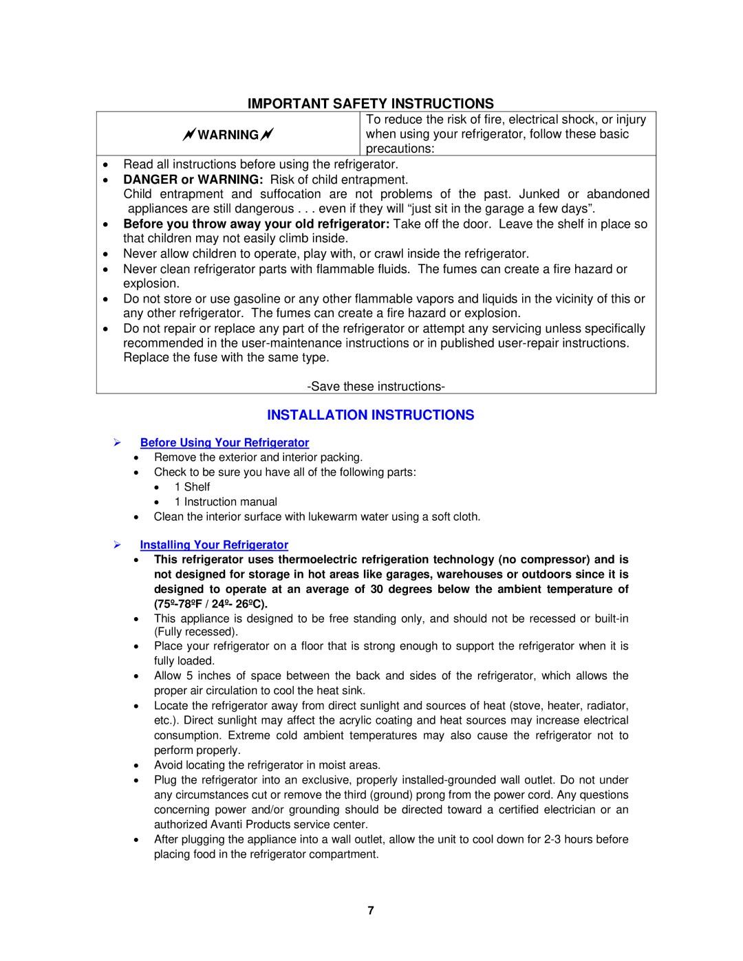 Avanti EC151SS, EC150B Important Safety Instructions, Installation Instructions, ¾ Before Using Your Refrigerator 