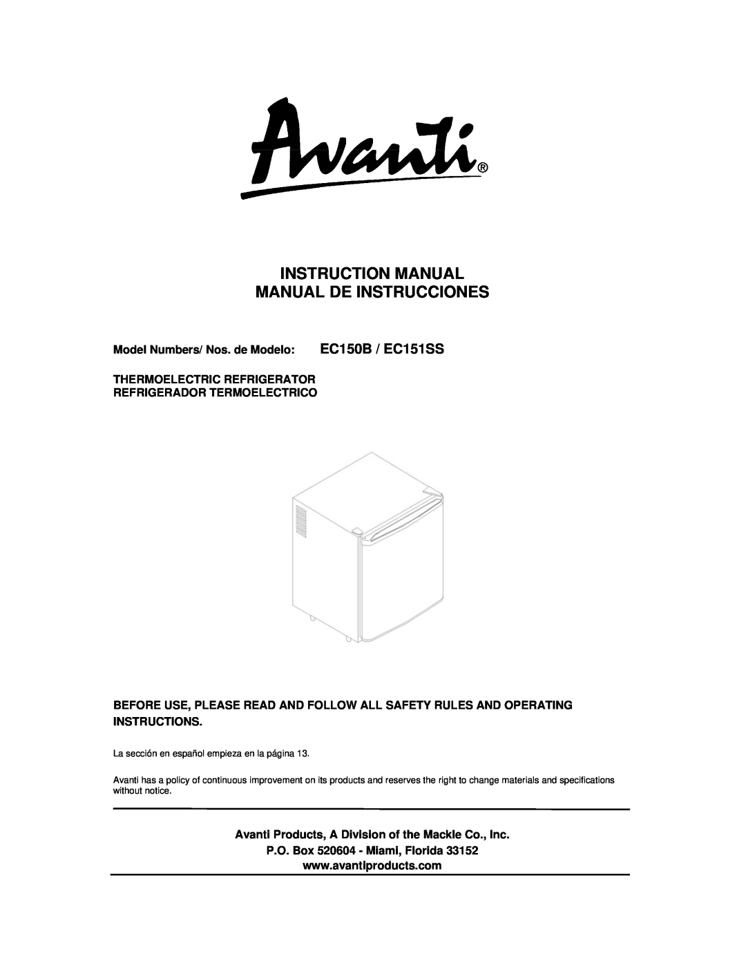 Avanti instruction manual Model Numbers/ Nos. de Modelo EC150B / EC151SS, Thermoelectric Refrigerator 