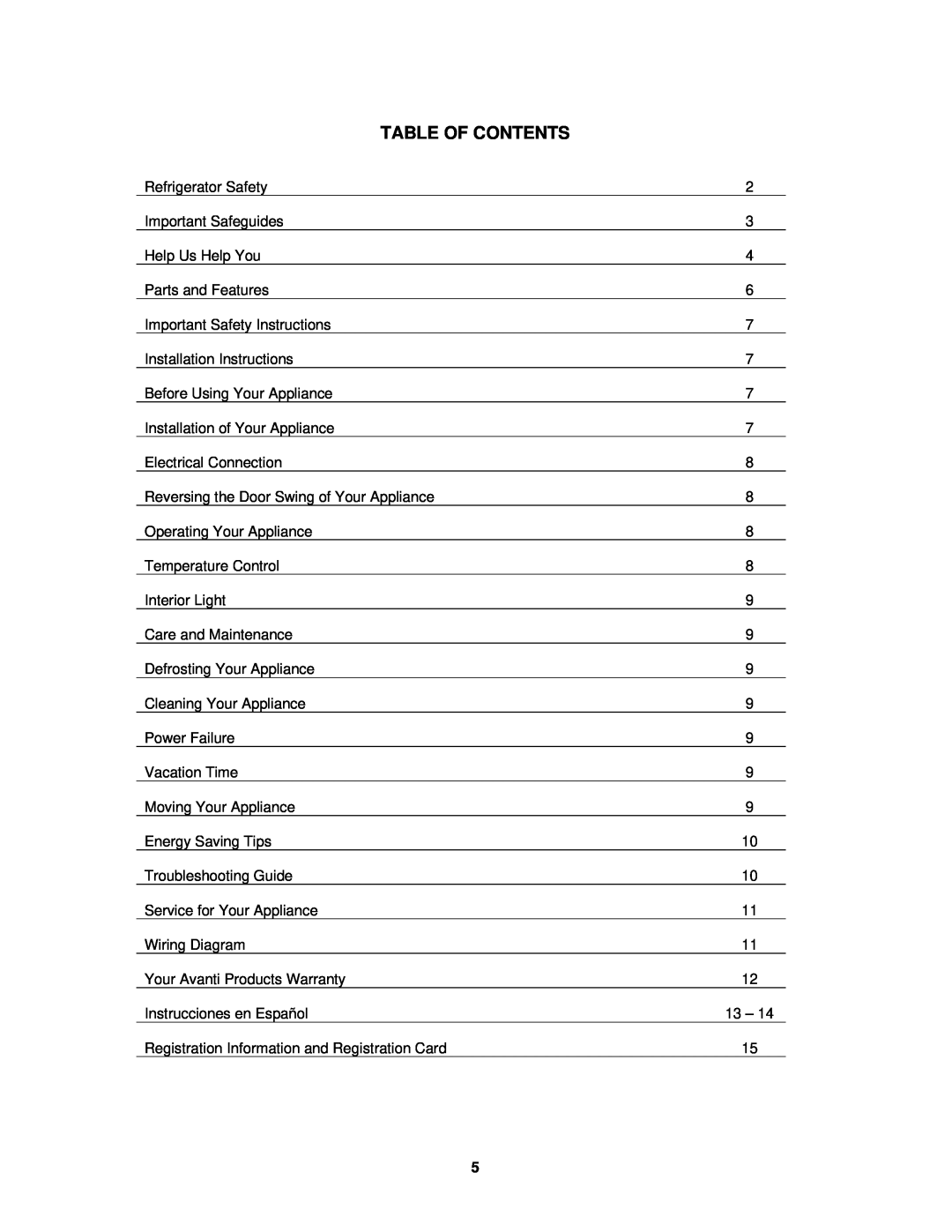 Avanti EC151SS, EC150B instruction manual Table Of Contents 