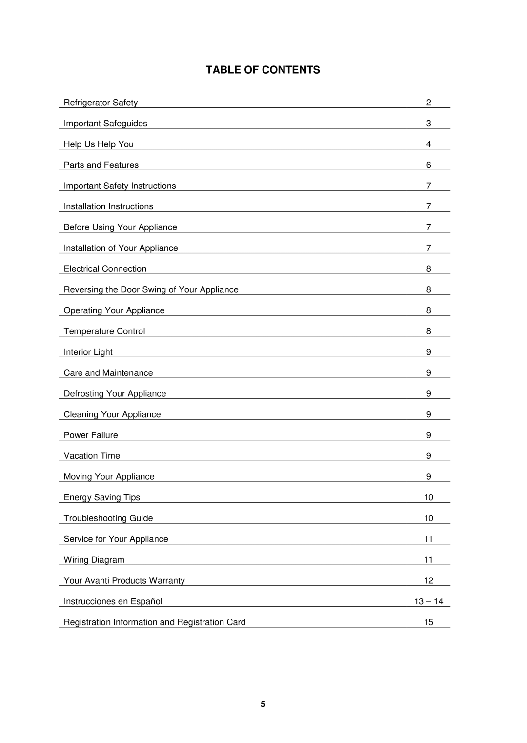 Avanti EC152BH instruction manual Table of Contents 