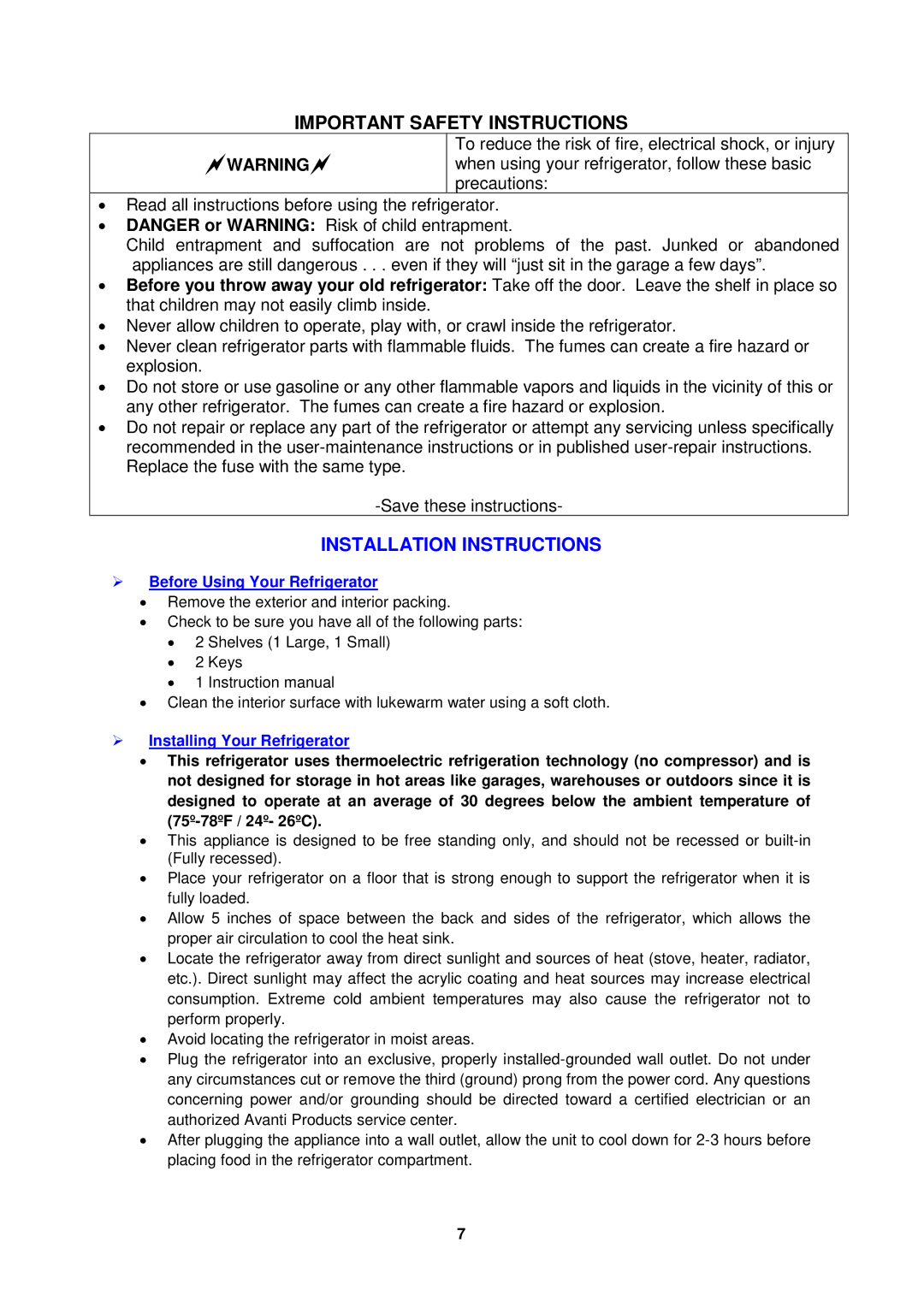 Avanti EC152BH Important Safety Instructions, Installation Instructions,  Before Using Your Refrigerator 