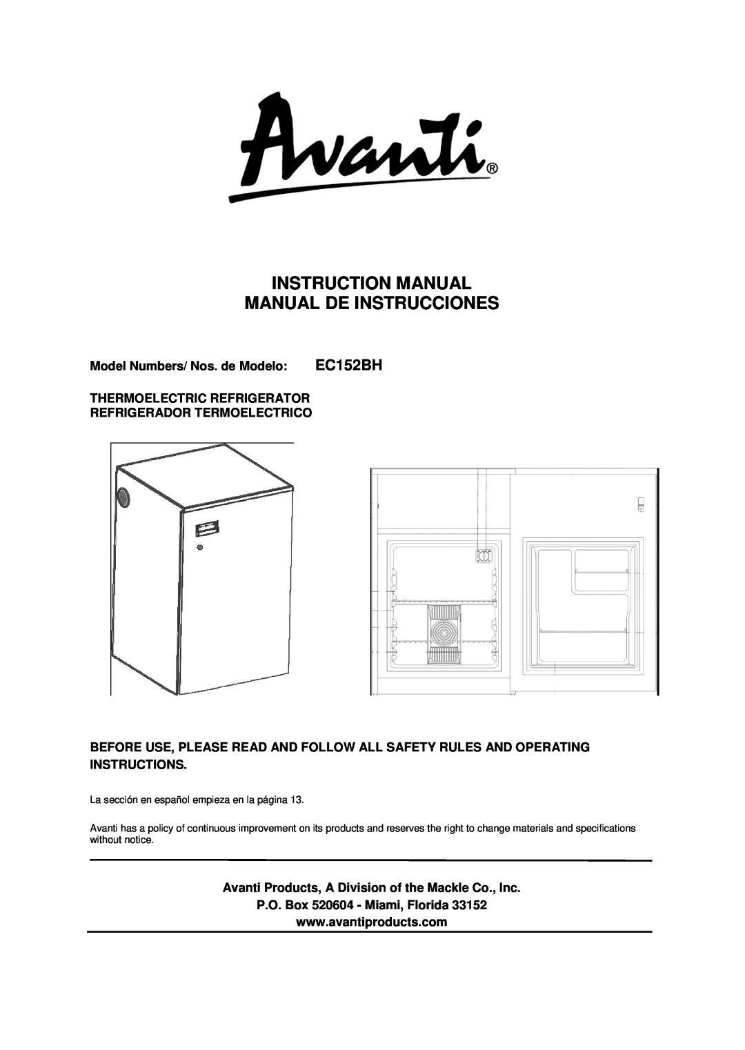 Avanti instruction manual Model Numbers/ Nos. de Modelo EC152BH, Thermoelectric Refrigerator 