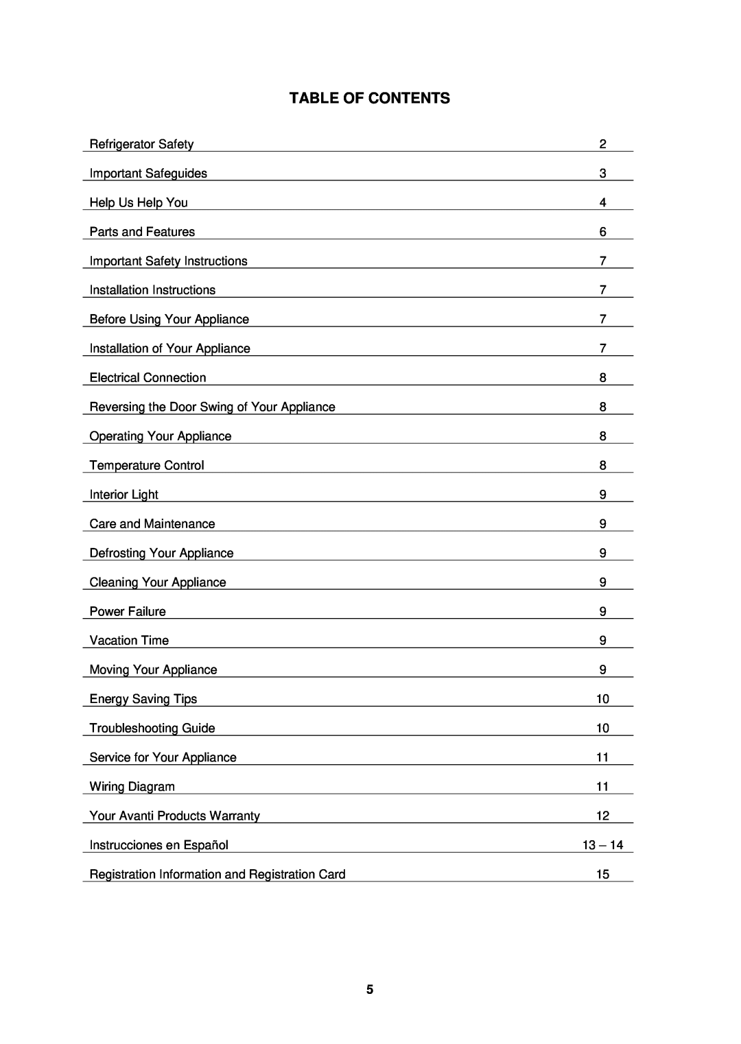 Avanti EC152BH instruction manual Table Of Contents 