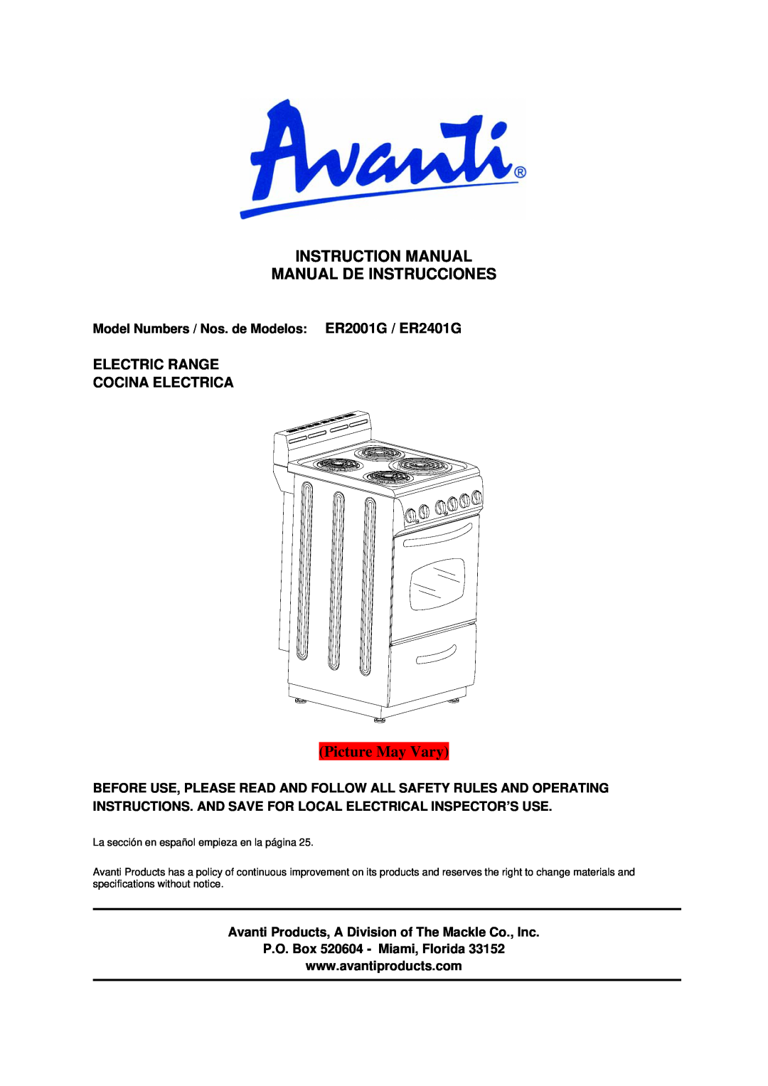 Avanti ER2401G instruction manual Picture May Vary, Electric Range Cocina Electrica, P.O. Box 520604 - Miami, Florida 