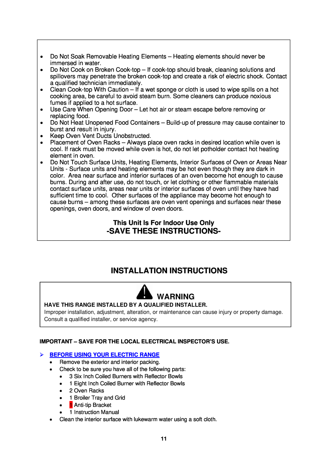 Avanti ER2401G, ER2001G Savethese Instructions Installation Instructions, This Unit Is For Indoor Use Only 