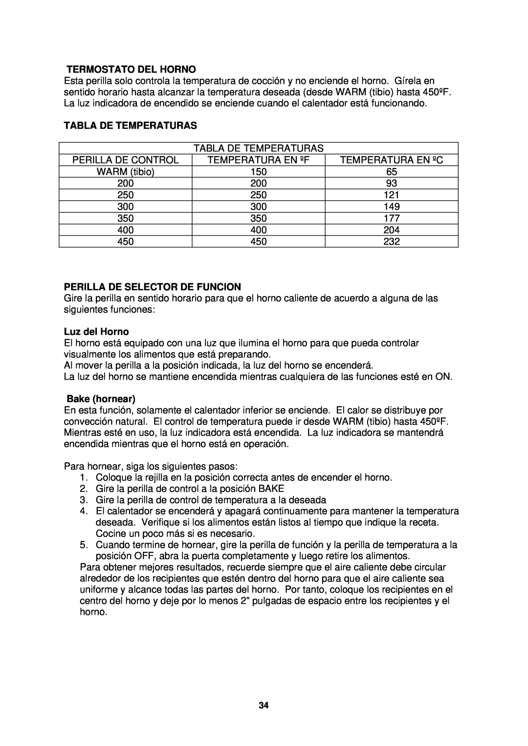 Avanti ER2001G Termostato Del Horno, Tabla De Temperaturas, Perilla De Selector De Funcion, Luz del Horno, Bake hornear 
