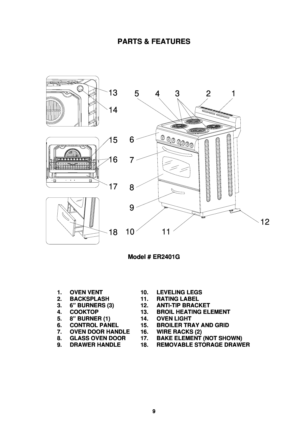 Avanti ER2001G instruction manual Model # ER2401G, Parts & Features 