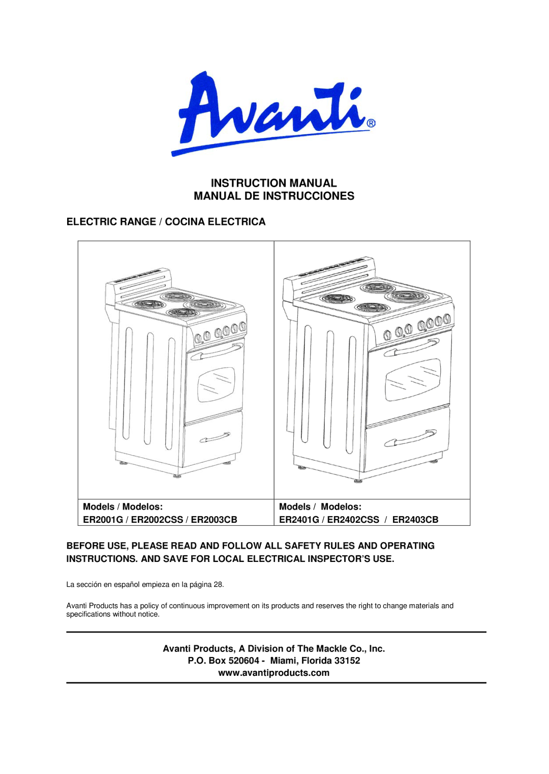 Avanti ER2001G, ER2003CB, ER2402CSS, ER2401G instruction manual Manual DE Instrucciones, Electric Range / Cocina Electrica 