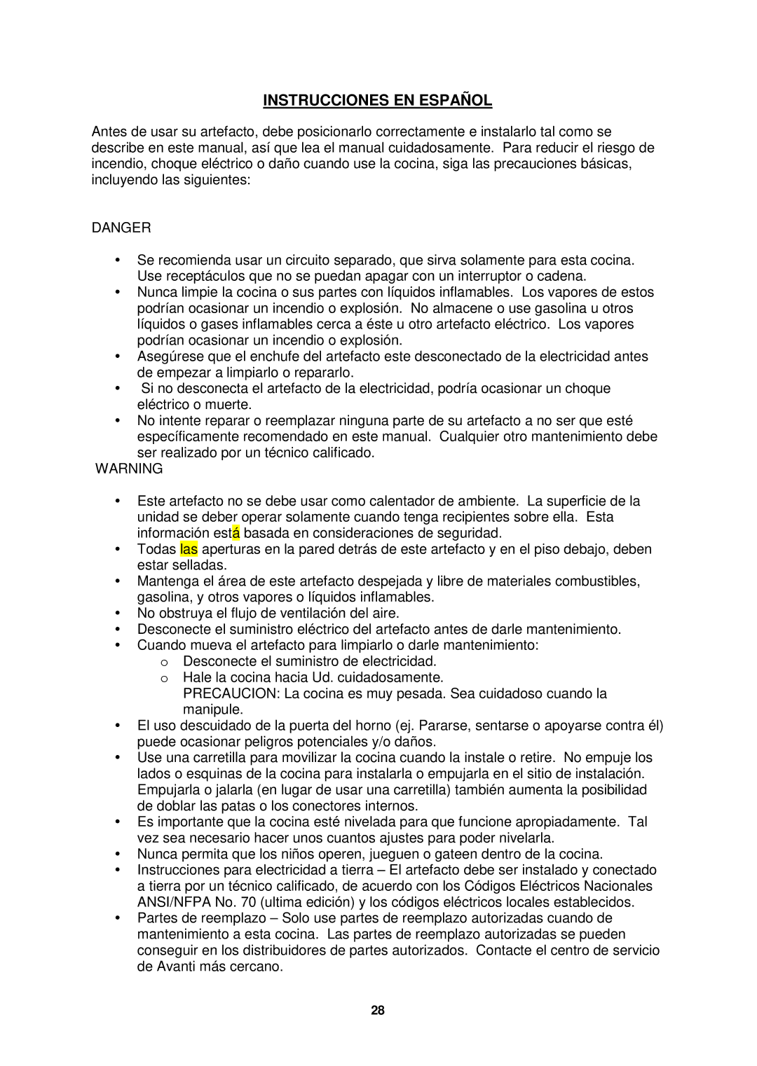 Avanti ER2002CSS, ER2003CB, ER2001G, ER2402CSS, ER2401G, ER2403CB instruction manual Instrucciones EN Español 