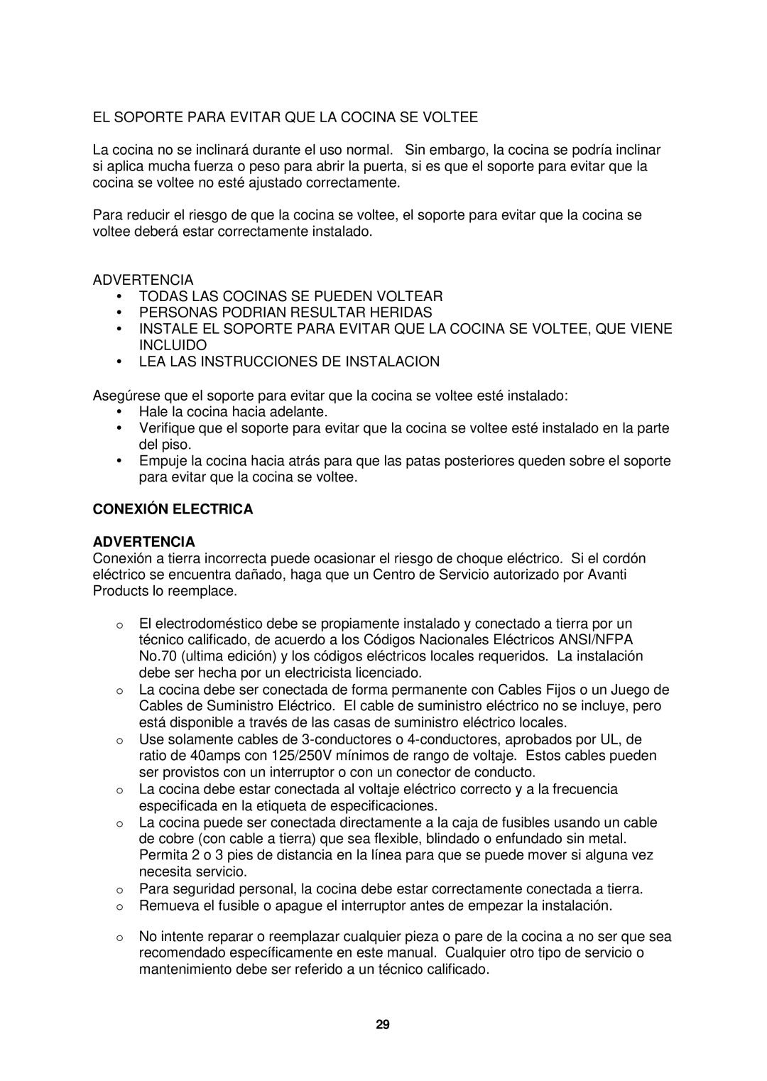 Avanti ER2403CB, ER2003CB, ER2001G, ER2402CSS EL Soporte Para Evitar QUE LA Cocina SE Voltee, Conexión Electrica Advertencia 