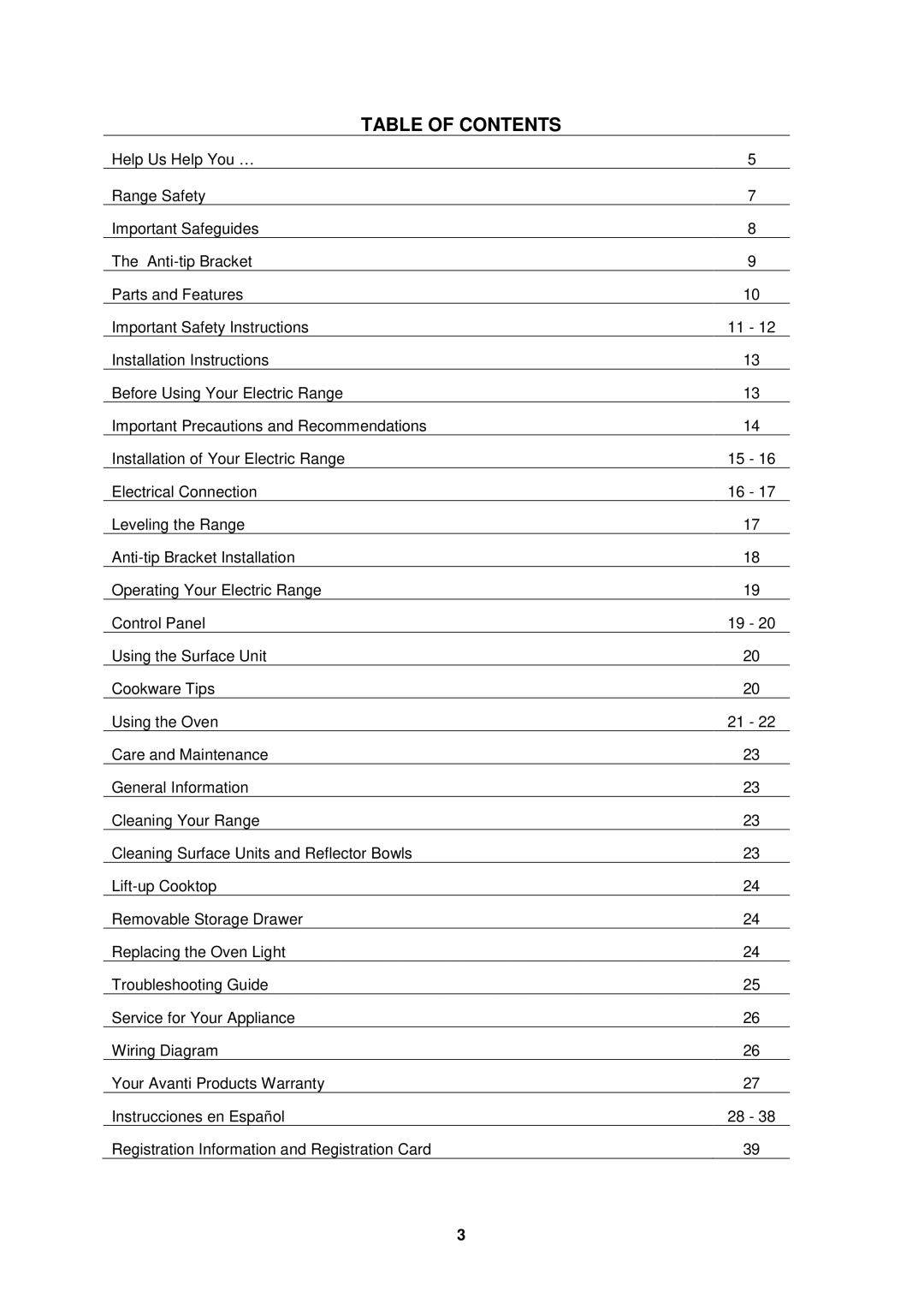 Avanti ER2401G, ER2003CB, ER2001G, ER2402CSS, ER2002CSS, ER2403CB instruction manual Table of Contents 