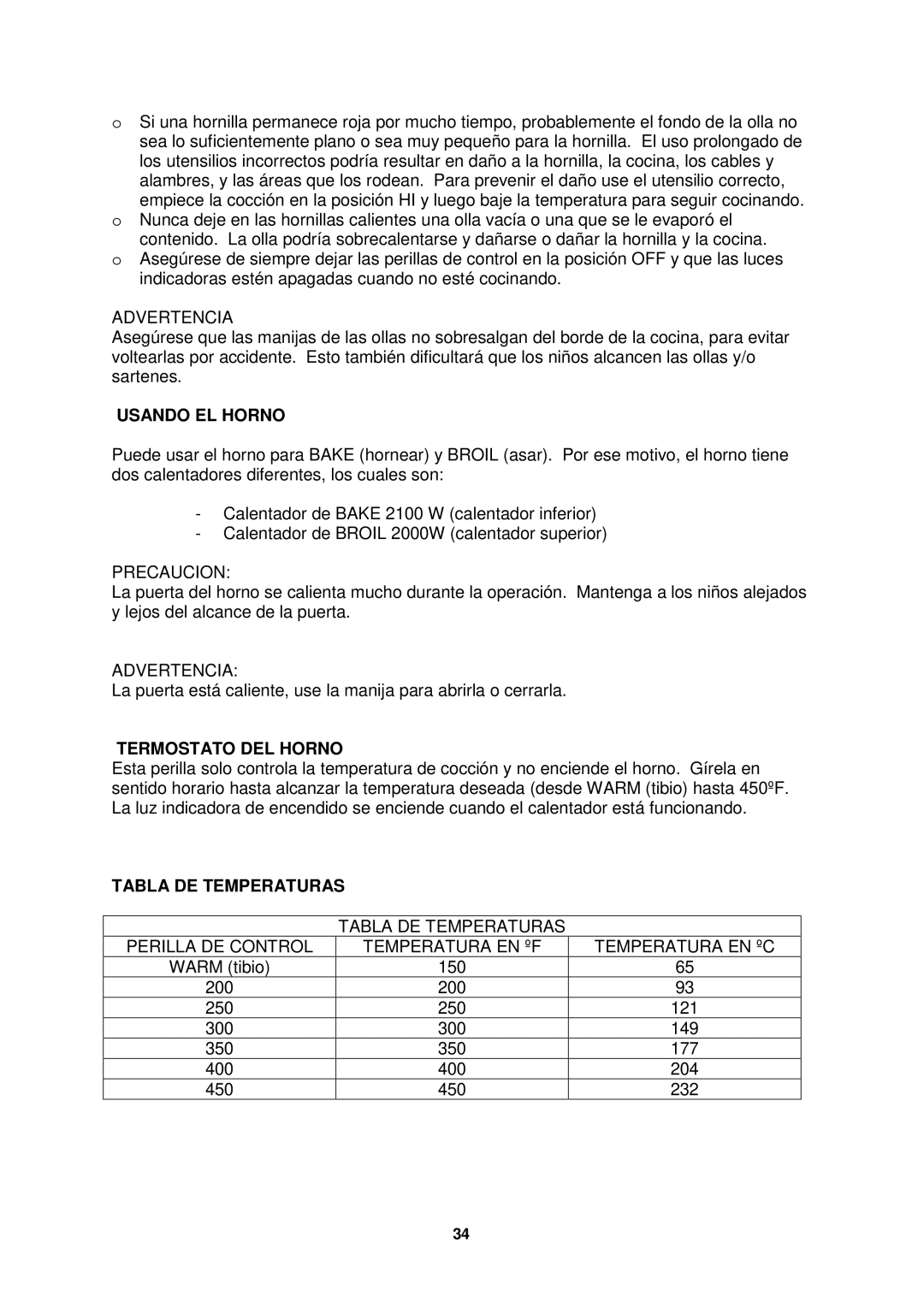 Avanti ER2002CSS, ER2003CB, ER2001G, ER2402CSS, ER2401G, ER2403CB Usando EL Horno, Termostato DEL Horno, Tabla DE Temperaturas 