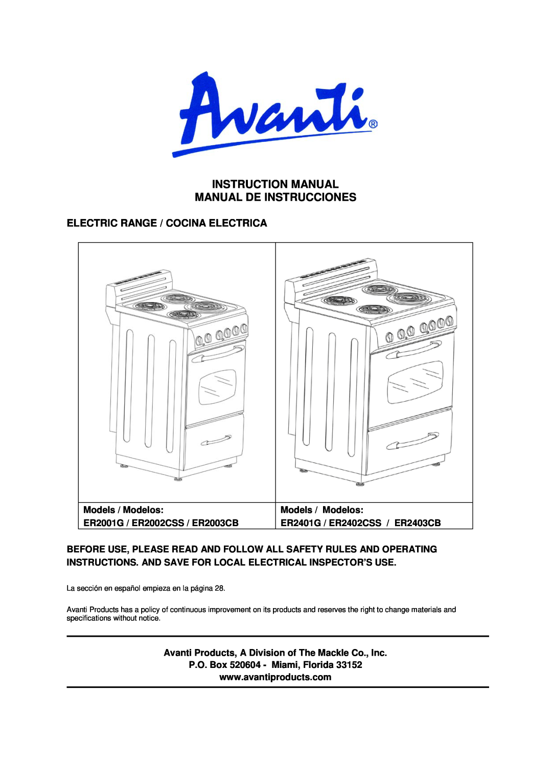 Avanti ER2402CSS instruction manual Electric Range / Cocina Electrica, Models / Modelos ER2001G / ER2002CSS / ER2003CB 