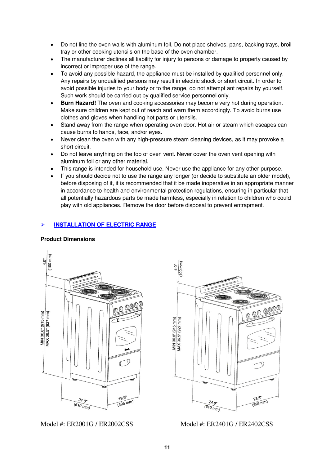 Avanti ER2002CSS, ER2402CSS manual  Installation of Electric Range, Product Dimensions 