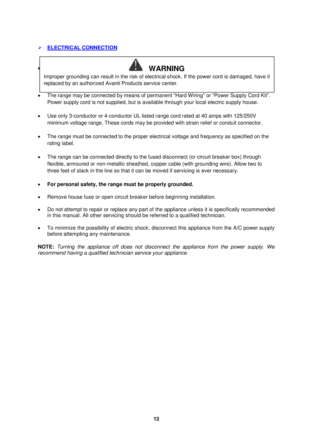 Avanti ER2002CSS, ER2402CSS manual  Electrical Connection, For personal safety, the range must be properly grounded 