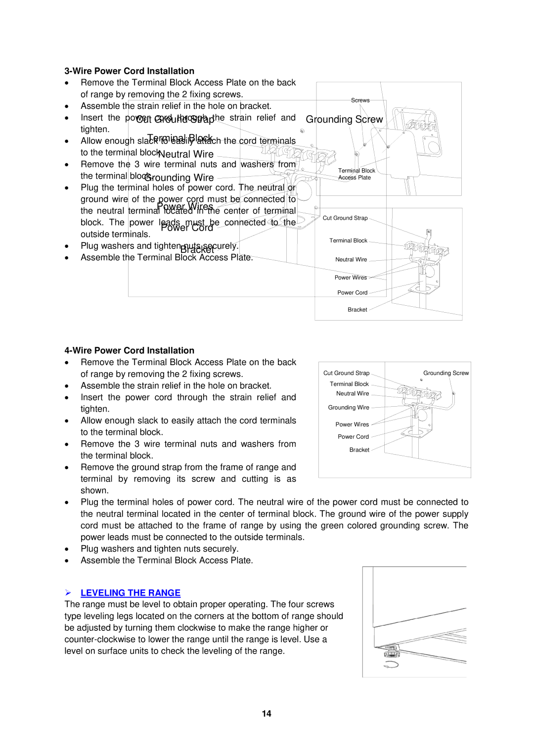 Avanti ER2402CSS, ER2002CSS manual Wire Power Cord Installation,  Leveling the Range 