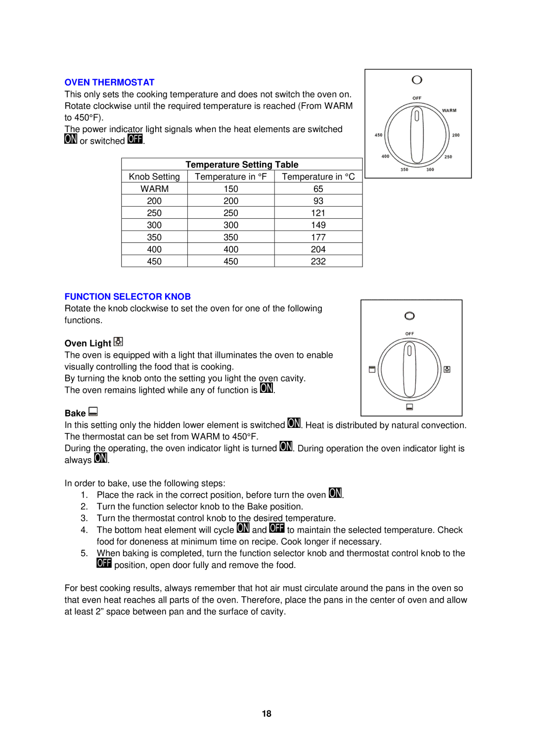 Avanti ER2402CSS, ER2002CSS manual Oven Thermostat, Temperature Setting Table, Function Selector Knob, Oven Light, Bake 