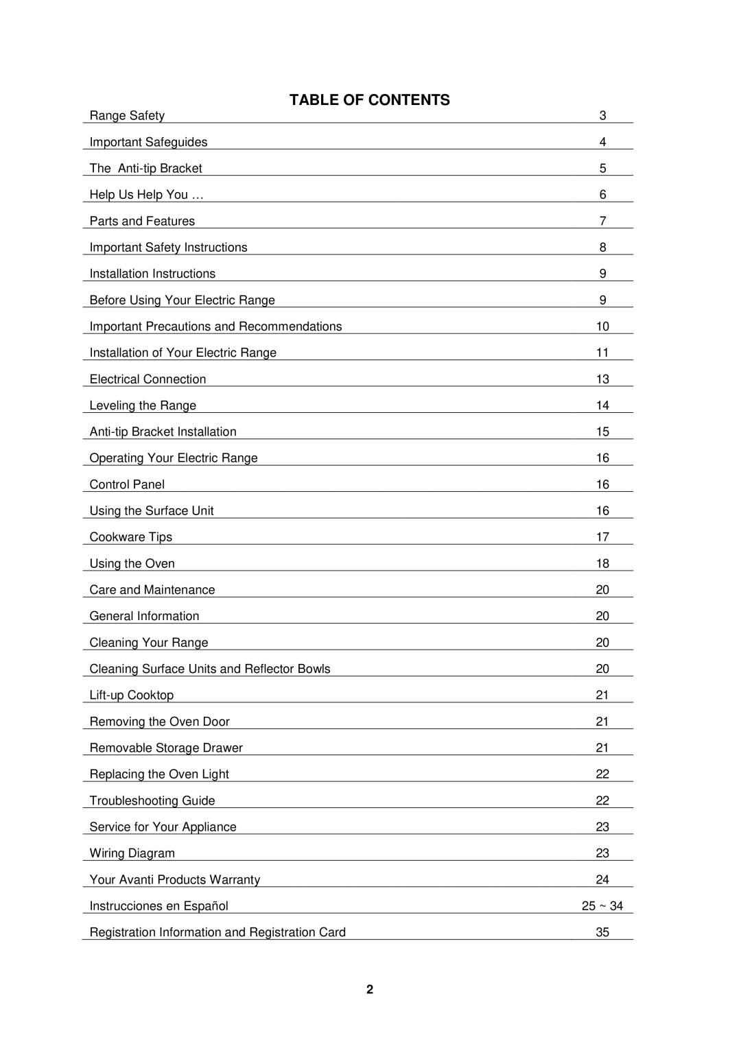 Avanti ER2402CSS, ER2002CSS manual Table of Contents 