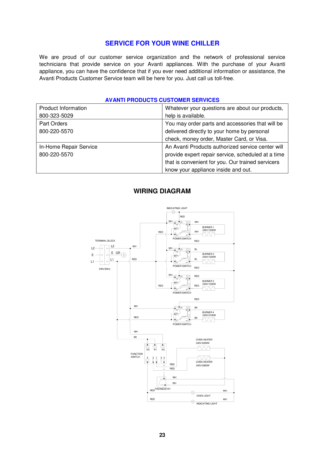 Avanti ER2002CSS, ER2402CSS manual Wiring Diagram, Avanti Products Customer Services 