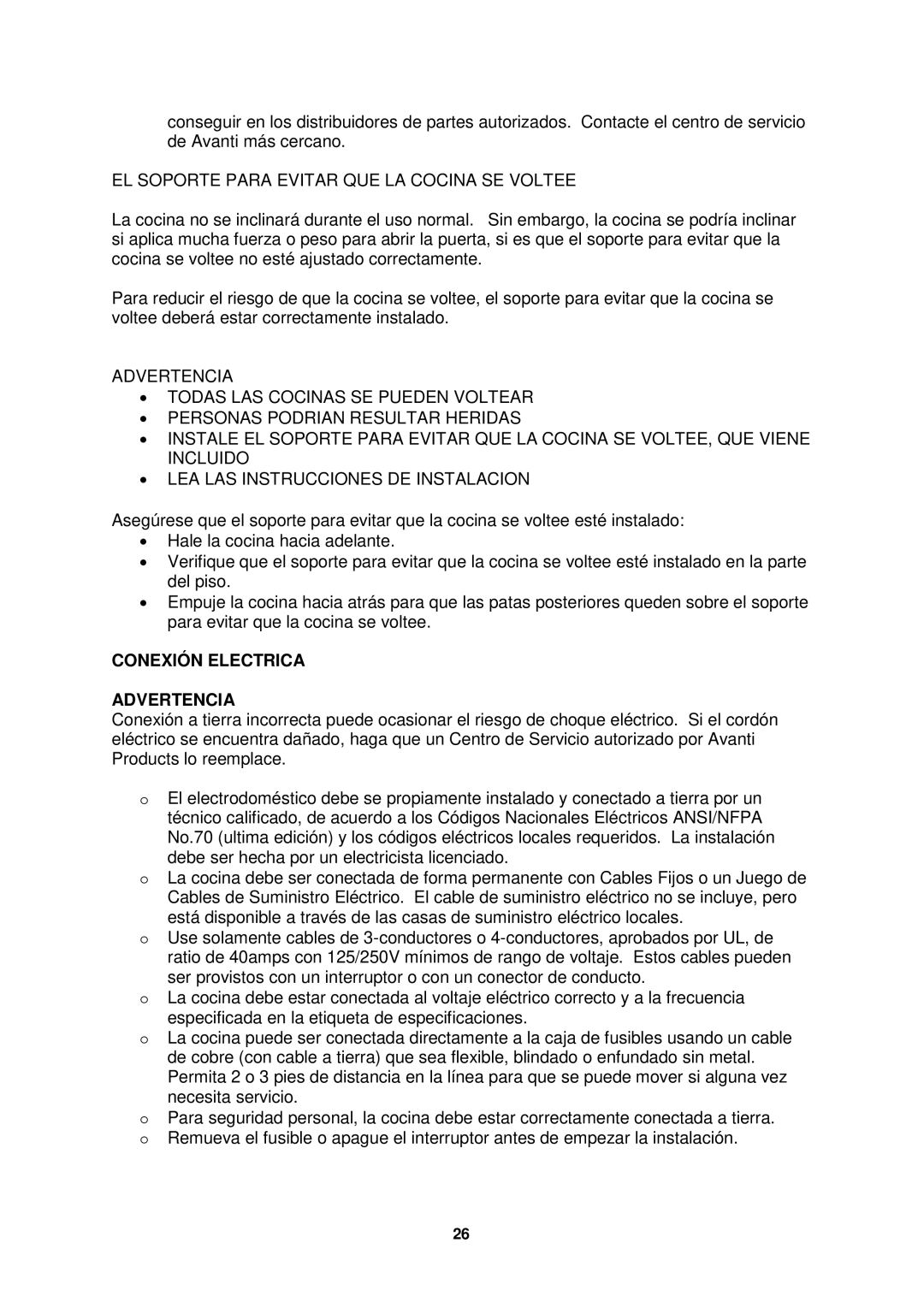 Avanti ER2402CSS, ER2002CSS manual EL Soporte Para Evitar QUE LA Cocina SE Voltee, Conexión Electrica Advertencia 