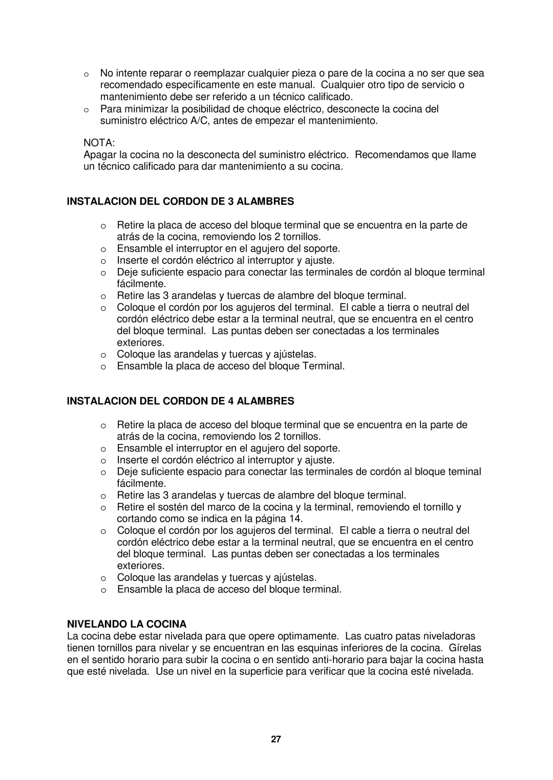 Avanti ER2002CSS manual Instalacion DEL Cordon DE 3 Alambres, Instalacion DEL Cordon DE 4 Alambres, Nivelando LA Cocina 