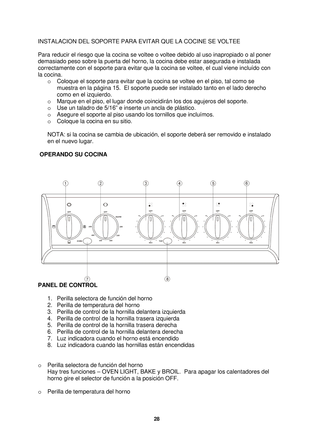 Avanti ER2402CSS manual Instalacion DEL Soporte Para Evitar QUE LA Cocine SE Voltee, Operando SU Cocina Panel DE Control 