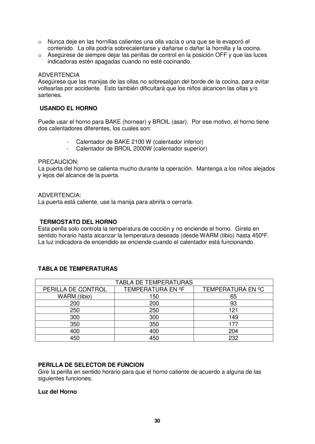 Avanti ER2402CSS, ER2002CSS Usando EL Horno, Termostato DEL Horno, Tabla DE Temperaturas, Perilla DE Selector DE Funcion 