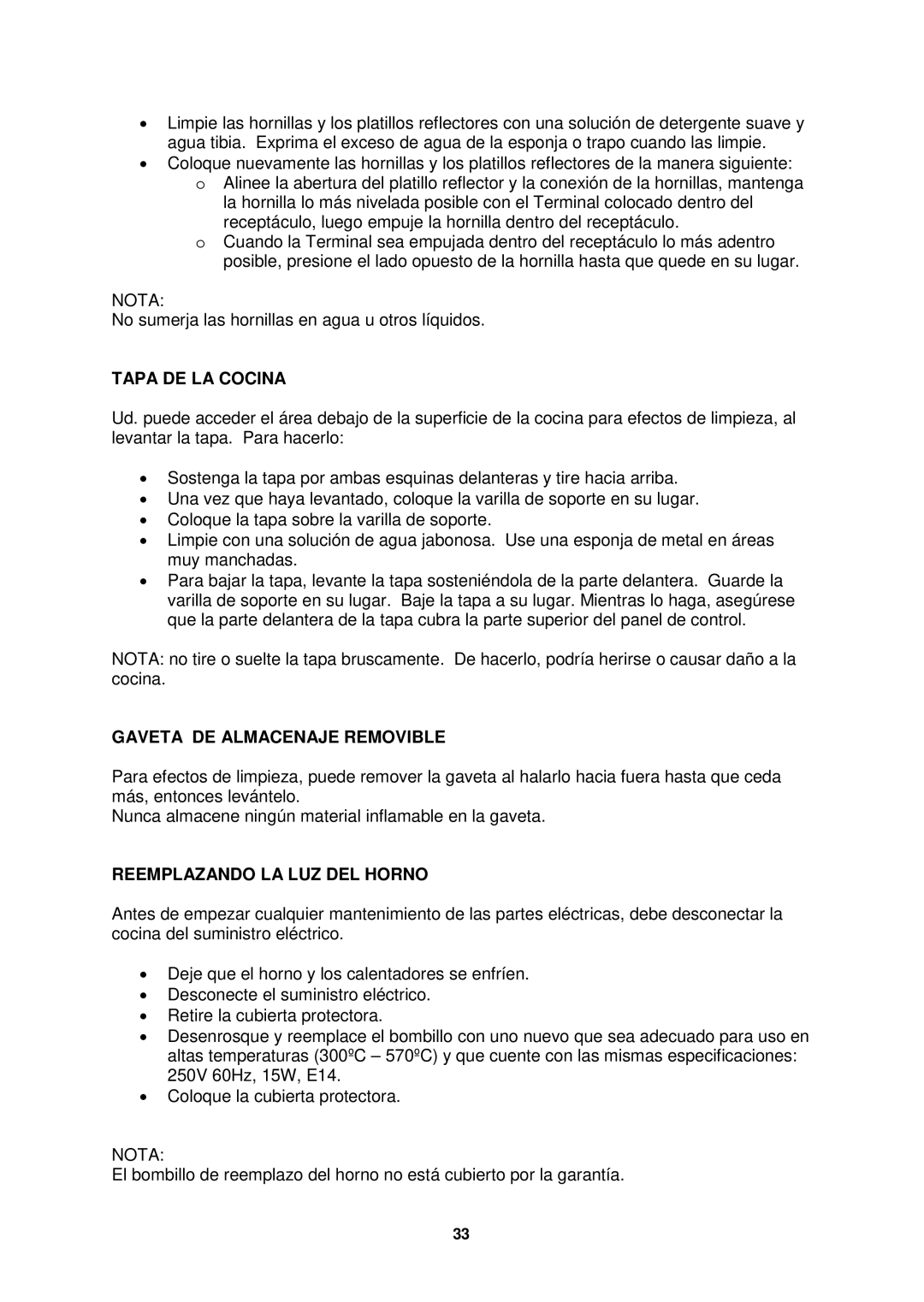 Avanti ER2002CSS, ER2402CSS manual Tapa DE LA Cocina, Gaveta DE Almacenaje Removible, Reemplazando LA LUZ DEL Horno 