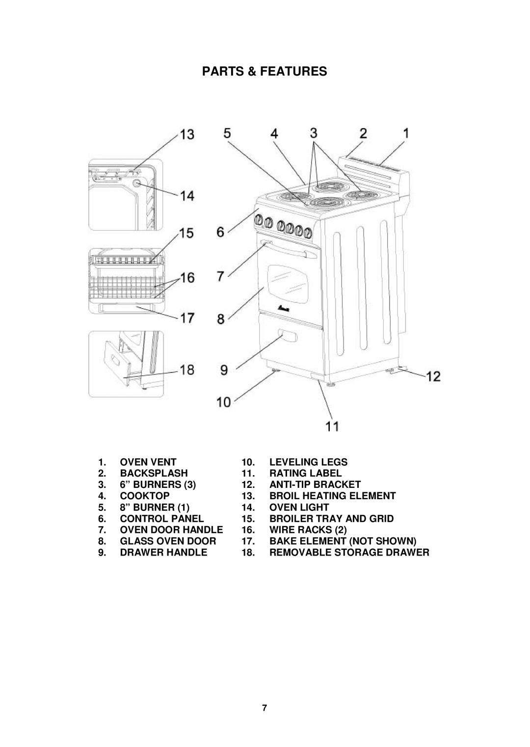 Avanti ER2002CSS manual Parts & Features, Oven Vent Leveling Legs Backsplash Rating Label, ANTI-TIP Bracket, Oven Light 