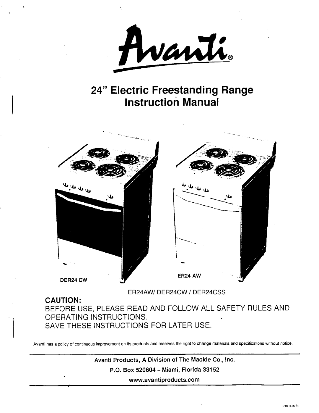 Avanti manual ER24AW/ DER24CW / DER24CSS 