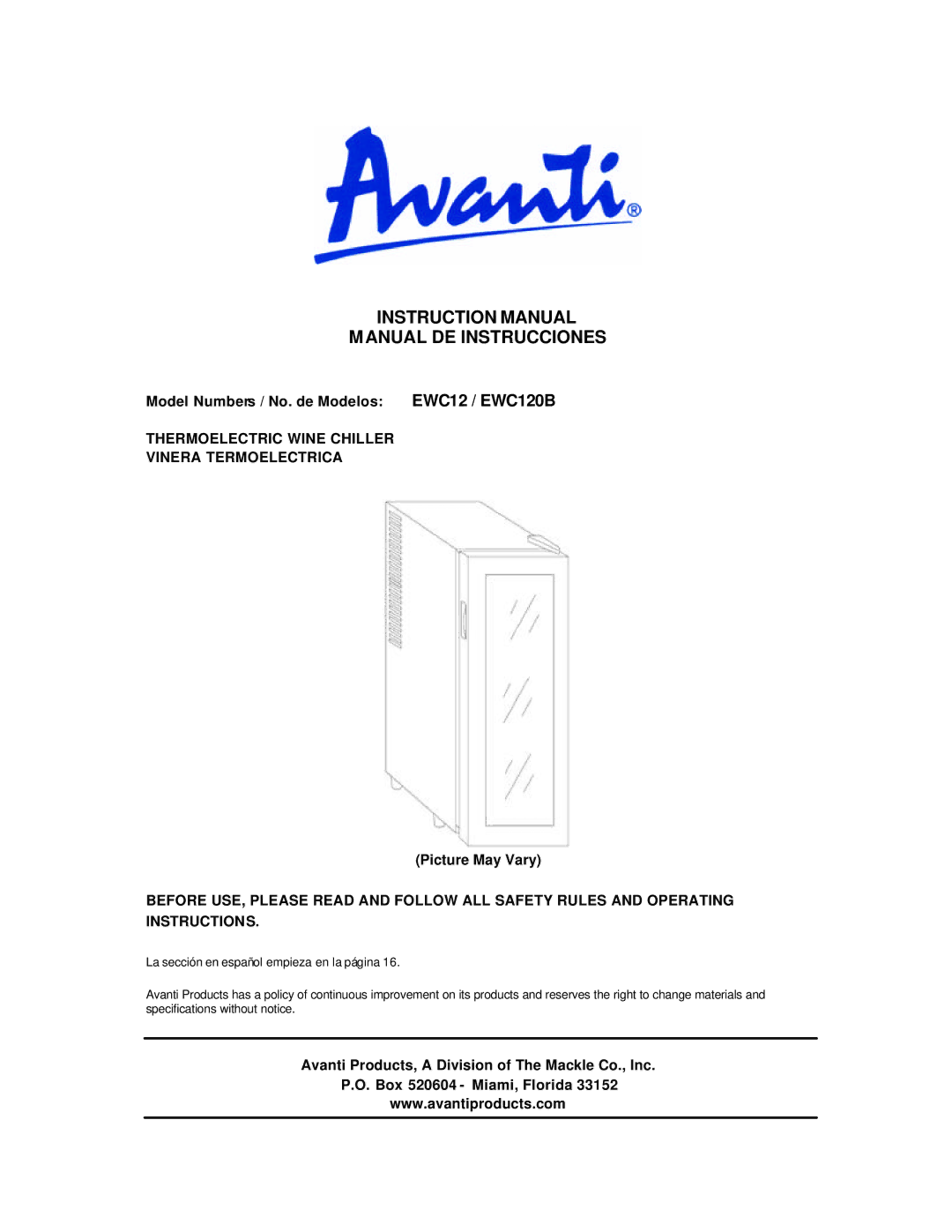 Avanti EWC12 EWC120B instruction manual Manual DE Instrucciones, Model Numbers / No. de Modelos EWC12 / EWC120B 