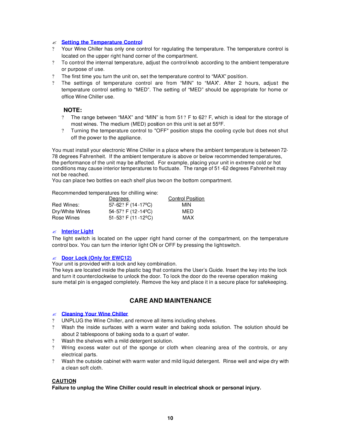 Avanti EWC12 EWC120B instruction manual Care and Maintenance, ? Setting the Temperature Control 