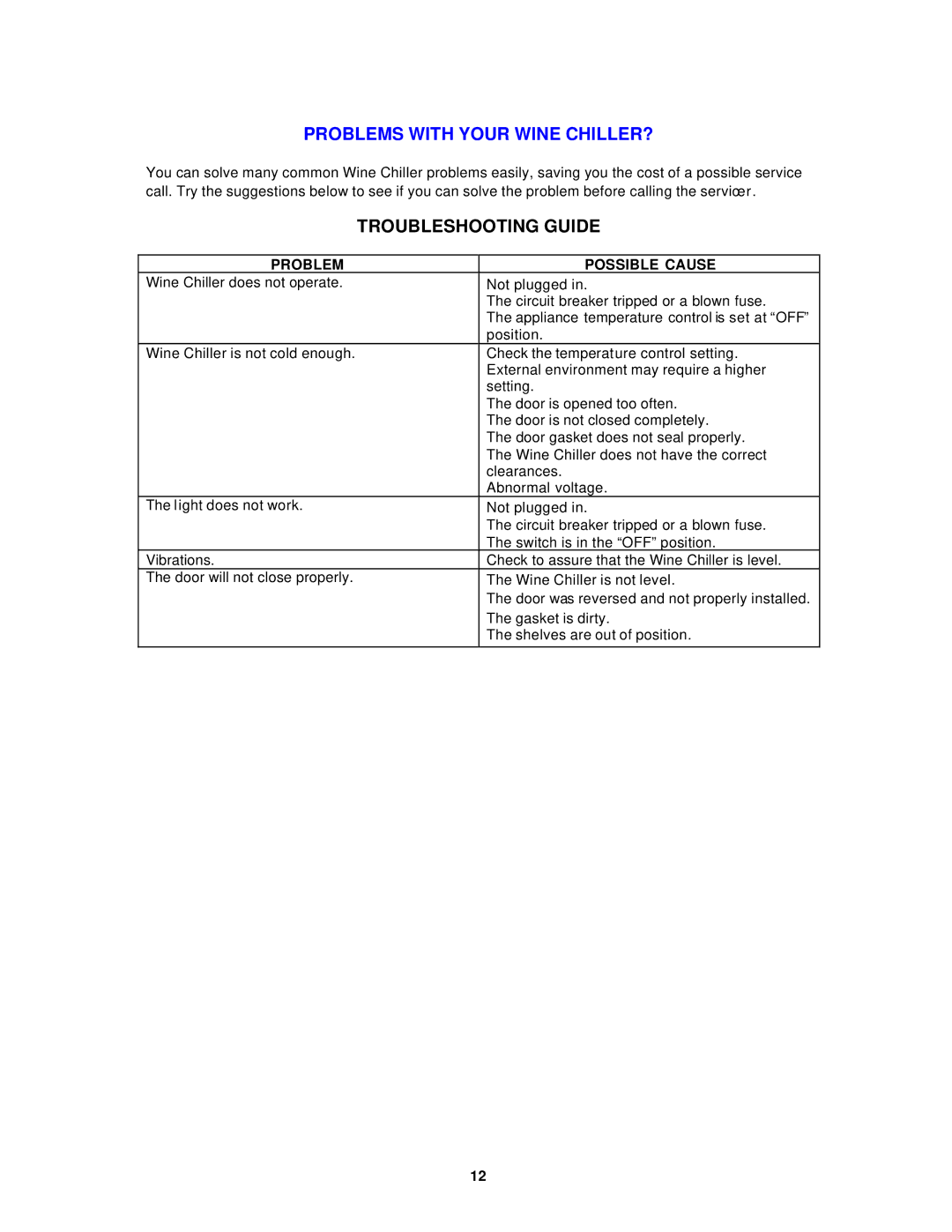 Avanti EWC12 EWC120B instruction manual Problems with Your Wine CHILLER?, Troubleshooting Guide 