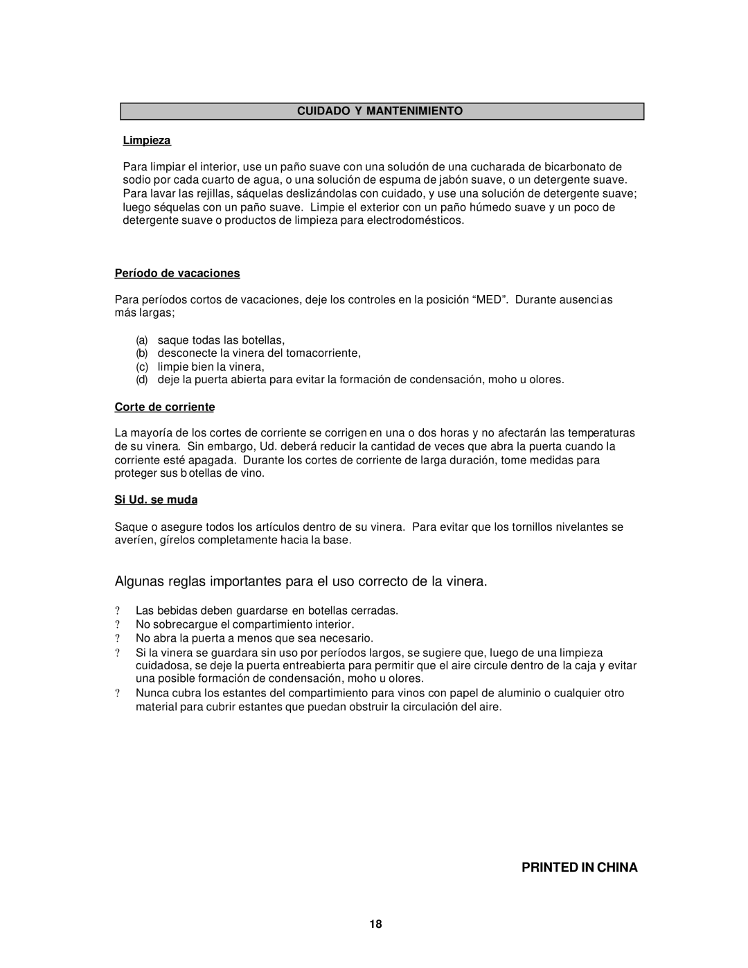 Avanti EWC12 EWC120B instruction manual Limpieza, Período de vacaciones, Corte de corriente, Si Ud. se muda 