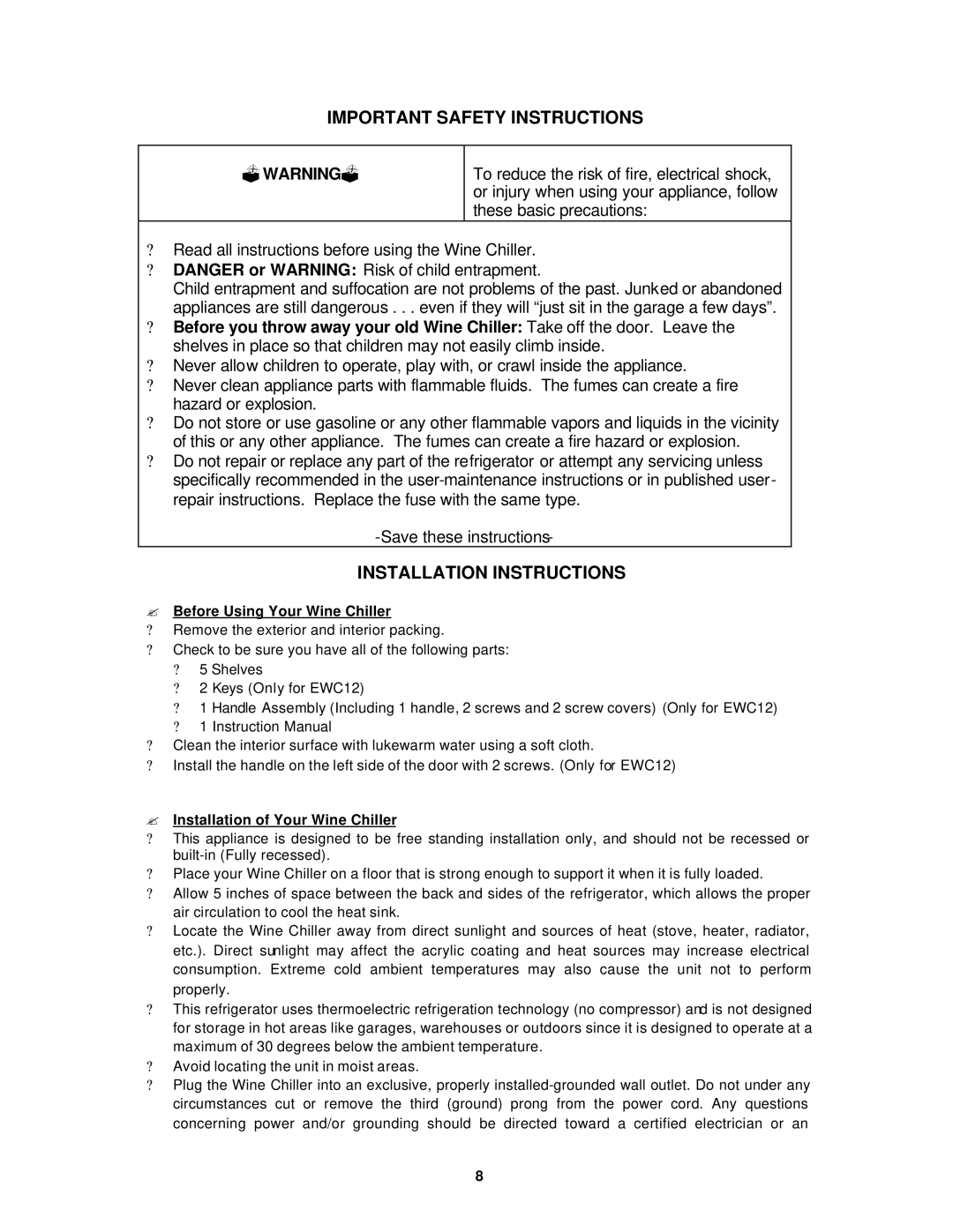 Avanti EWC12 EWC120B Important Safety Instructions, Installation Instructions, ? Before Using Your Wine Chiller 