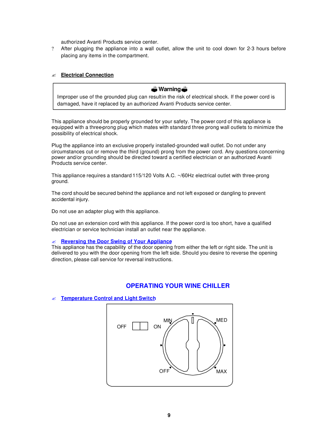 Avanti EWC12 EWC120B instruction manual ?Warning?, ? Electrical Connection 