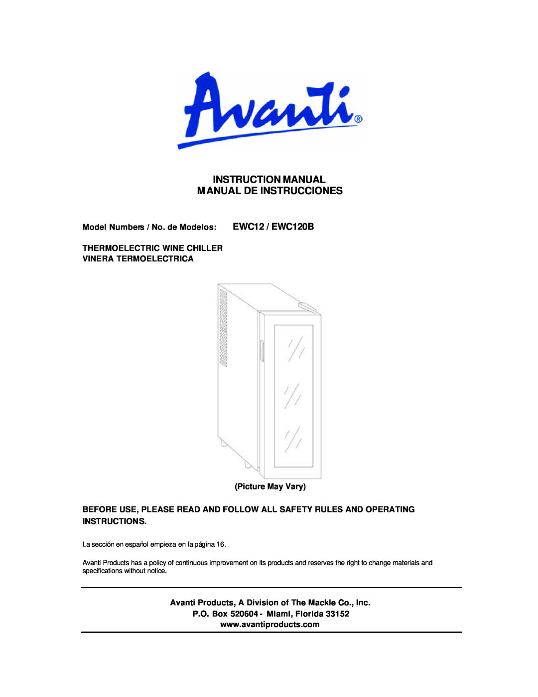 Avanti EWC12 EWC120B instruction manual Instruction Manual Manual De Instrucciones 