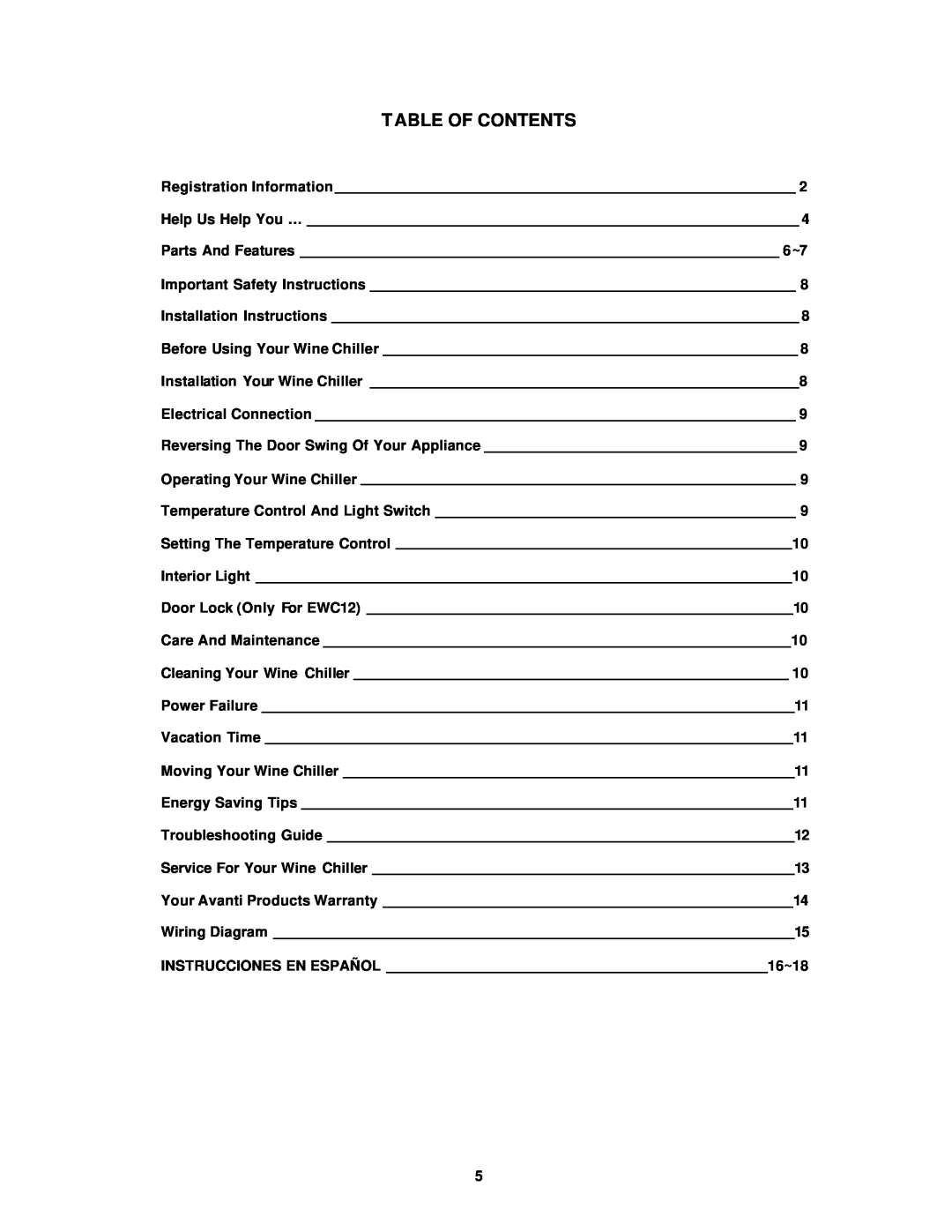 Avanti EWC12 EWC120B instruction manual Table Of Contents 